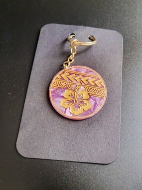 Gold & Purple Hibiscus Round Keychain